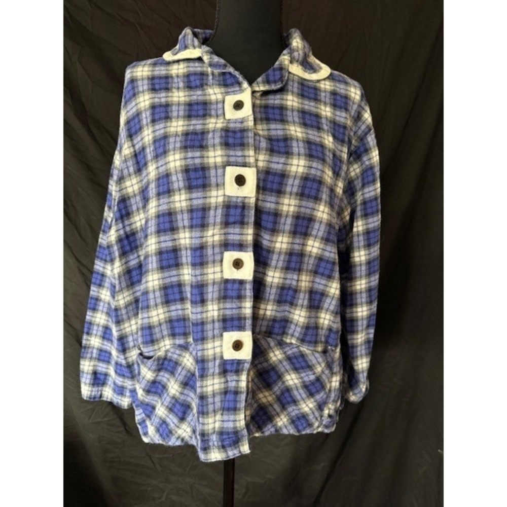 Carole Hochman Chalet Blue Plaid Flannel Button Front Pajama Top Lounge XL
